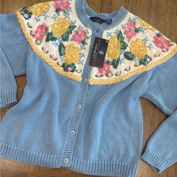 Vintage BIRCH BROS chunky cottage Floral Knit Cardigan - Blue and Yellow - Picture 3 of 10